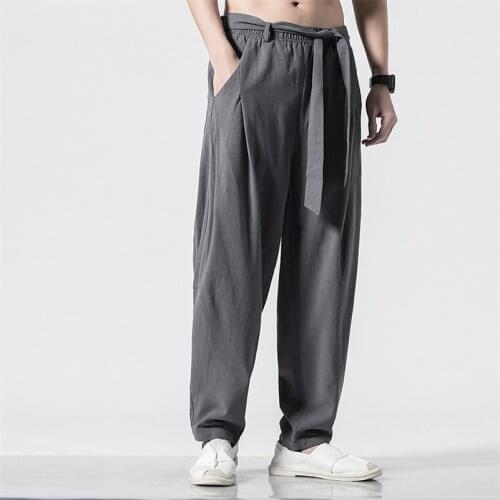 High Quality Mens Cotton Linen Pants Drawstring Waist Pants With Pocket Loose Wide Leg Pants Casual Trousers Plus Size M-7XL