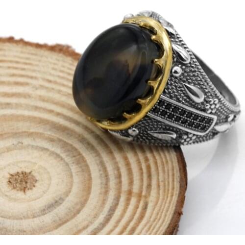 925 Sterling Silver Ring Mens Ocean Onyx Stone Ring Transparent CZ Ring Mens High Jewelry