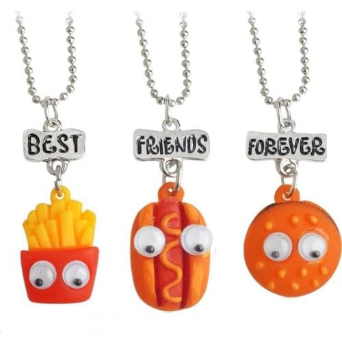 Children Best Friends Forever Cute Hamburgers Hot Dogs Food Pendant BFF 3 Necklace Friendship Jewelry Gifts For Kids 10 Set