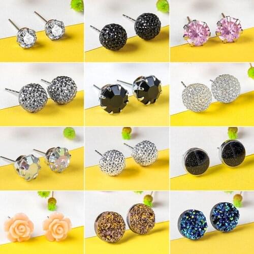 QCOOLJLY 12 Pairs Assorted Crystals Druzy Stone Resin Stone Round Stud Earrings Set Women Multicolor Unique Party Jewelry Gift