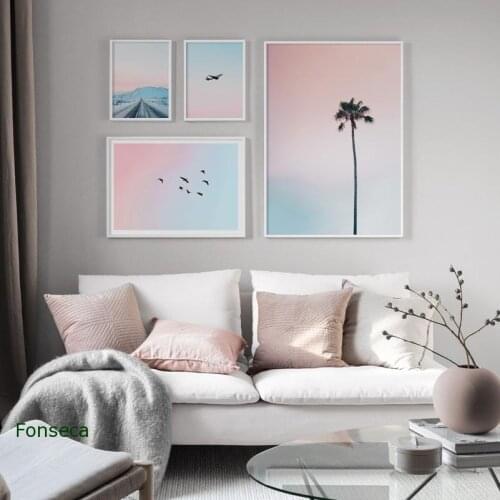 Nordic Style Pink Landscape Bird Tree Poster Wall Art Pictures Modern Modular Canvas Painting For Bedside Background