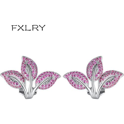 FXLRY New Design Elegant White Color Cubic Zircon the Leaves small clip earrings For Female gift party Fashion Jewelry
