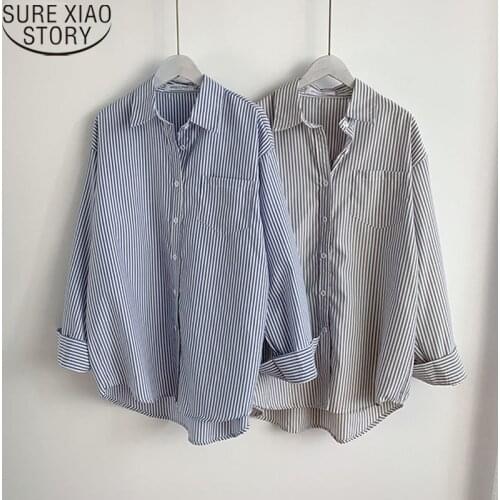 Office Lady Fashion Striped Shirt Women Cotton Blouse 2021 Spring Autumn Clothing Tops Button Loose Blouse Blusas Mujer 13057