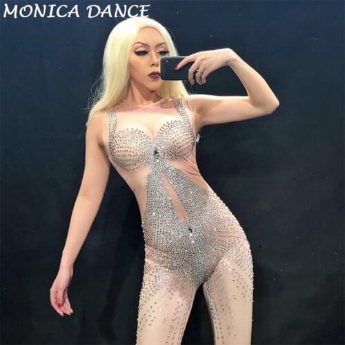 Sexy Stage Dj Sparkly Pearls Jumpsuits Rhinestones Stretch Bodysuit Performance Party Celebrate luxurious Shining Costume Outfit