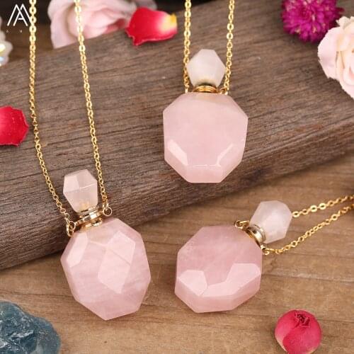 Natural Roses Pink Quartz Faceted Essential Oil Diffuser Gold Chain Necklace Women Quartz Crystal Perfume Bottle Pendant Jewelry