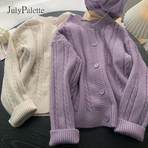 JulyPalette Purple Twist Women Knitting Sweater Autumn Winter Korean Solid Ladies Single-breasted Sweater Cardigan Jacket 2021