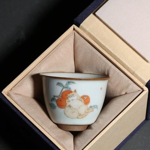 Hand Painted cute cat persimmon Ceramic Cover Bowl Teacup Gaiwan Tea Bowl Kung Fu Puer Tes Set Tea Cup Drinkware Wine Set Gift