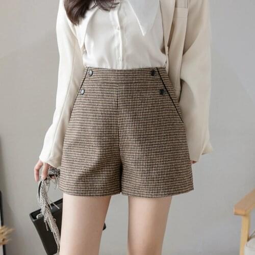 Women Shorts Autumn Winter New Houndstooth Plaid Booty Shorts Woman Retro Loose Woolen Shorts Casual Wide Leg Boots Shorts Femme