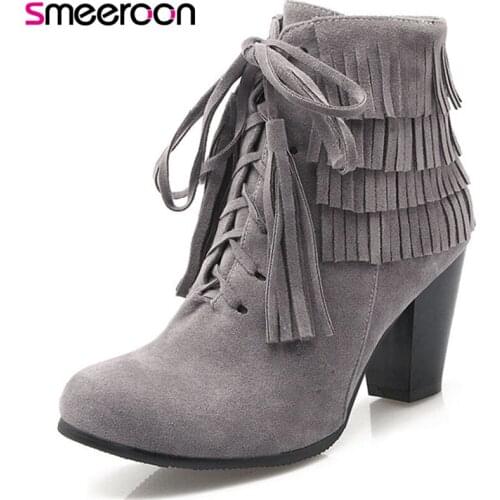 Smeeroon 2020 new arrival autumn winter boots for women round toe zip high heels ankle boots flock boots wedding shoes