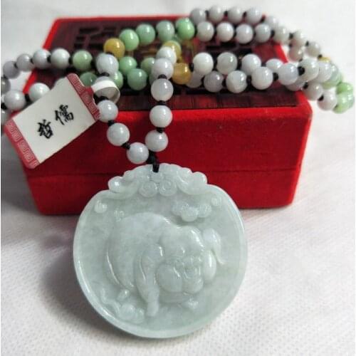Zheru Jewelry The only child style pure natural Jadeite light green pig pendant Jade tricolor jade bead necklace Send a certific