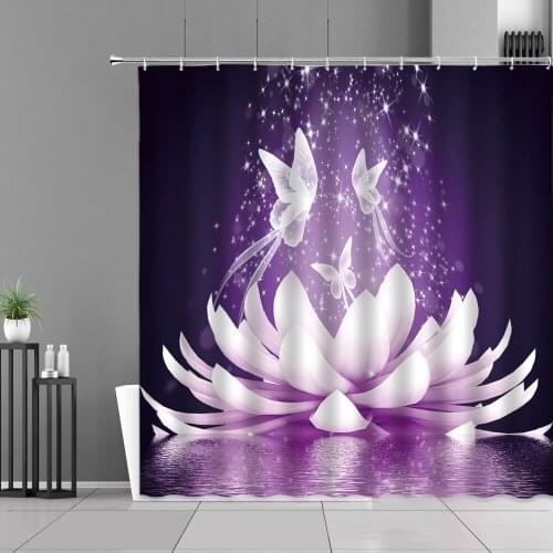 Lotus Flower Butterfly Shower Curtains Purple Fantasy Floral Art Design Waterproof Bathroom Curtain Screen Home Wall Decor Cloth