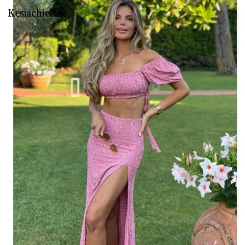 Kesiachiccly Women Floral Autumn Dress Puff Sleeve Ruffles Ruched Side Split Maxi Dress Beach Vacation Two Piece Casual Clothing