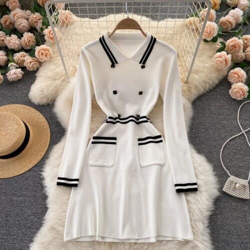 SINGREINY Women French Knitted Dress Turndown-Collar Long Sleeve Pocket A-line Dresses Autumn Fashion Streetwear Sweater Dress