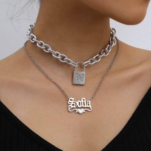 Punk Exaggerated Butterfly Lock Letters Pendant Necklace Women Vintage Thick Chains Geometric Choker Necklace Pendants Jewelry