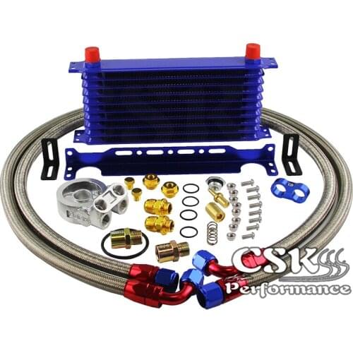10 Row Engine Trust Oil Cooler w/ Thermostat 80 Deg Oil Filter Adapter Kit Blue/ Black/ Gold