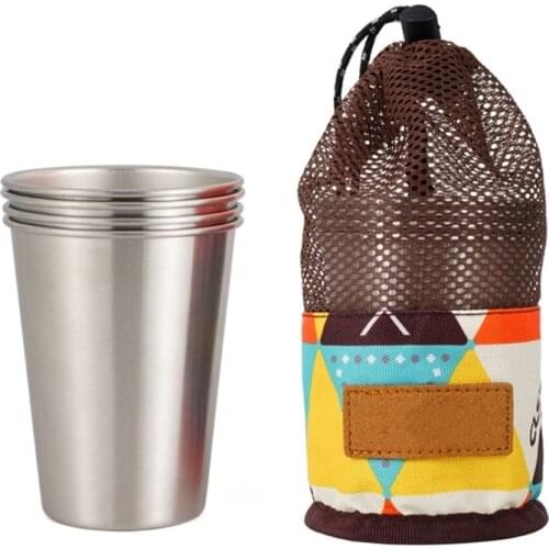 4Pcs Outdoor Camping Stainless Steel Cup with Mesh Carry Bag Set Travel Portable Tableware Picnic Water Glass Milk Coffee