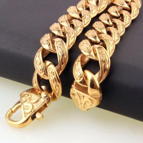 9Inch 15MM Charming Jewelry Mens Boys Stainless Steel Bling Gold Cuban Chain Bracelet Cuff Bangle Good Gift Super Quality