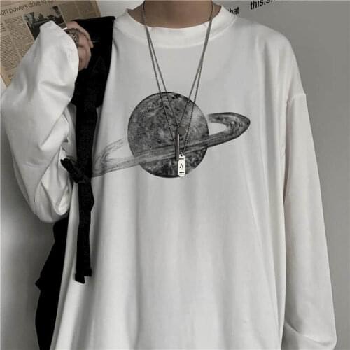 Nicemix Harajuku Tshirt Women Streetwear Loose Long Sleeve Printed Planet T-shirt For Men Tops Unisex Tees Couples Clothing