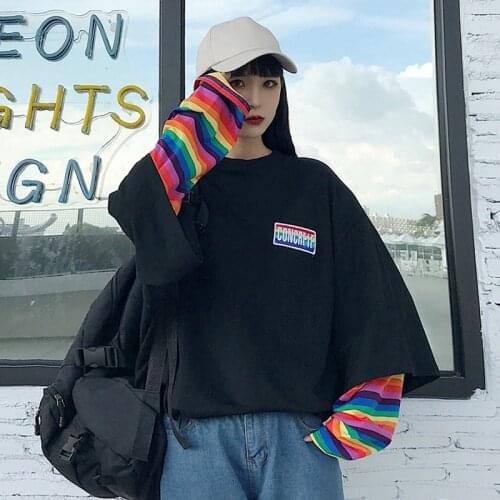 Rainbow Striped T Shirts Fake Two Pieces Long Sleeve Shirt Women Clothes Casual Top Tees Korean Harajuku Big Sizes Lgbt T Shirts