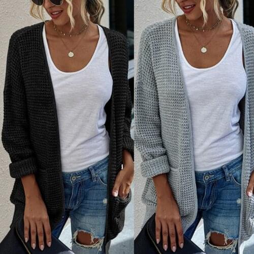 Women Long Sleeve Sweater Cardigan Open Front Waffle Knit Solid Side Split Coat