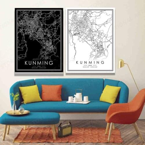 KUNMING Map Poster Black White Abstract Line Canvas Painting and Prints Nordic Wall Art Pictures Living Room Home Decor