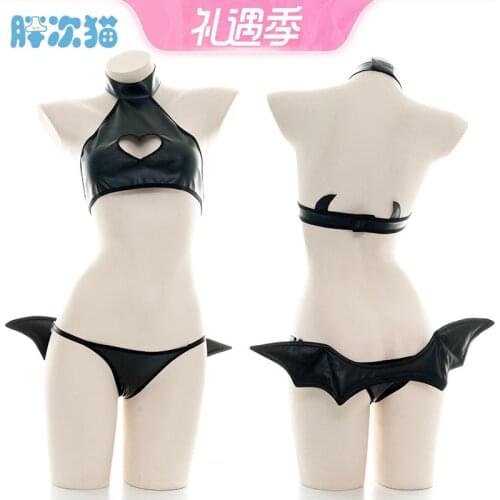 Gothic Love Open Chest Little Devil Bat Wing Love Hollow Out Leather Underwear Set Sexy Lolita Halter Vest Pajamas Set Cosplay