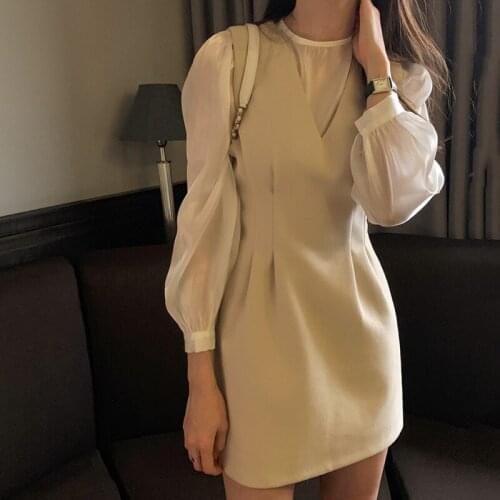 Korean Women Two Piece Dress Set Long Sleeve Blouses and Vintage Tank V-neck Mini Dress Ladies Office 2 Piece Set Elegant Suit