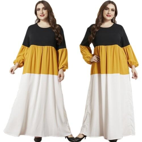 Muslim Women Patchwork Color Block O-neck Arab Maxi Robe Gown Middle East Loose Dubai Kaftan Ramadan Islamic Long Sleeve Fashion