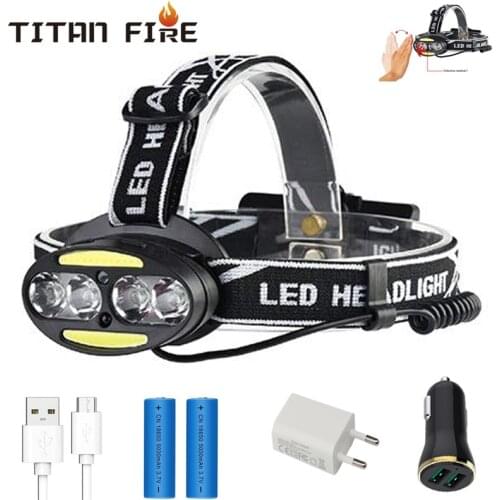 Motion Sensor Headlamp Headlight T6 COB Head Lamp USB Rechargeable Waterproof Infrared Induction Head Flashligh Fishing Camping