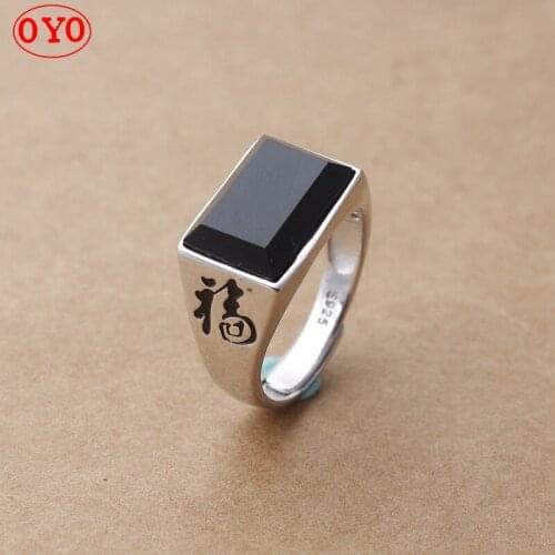 New s925 sterling silver inlaid black agate live ring mens fashion open ring with blessing