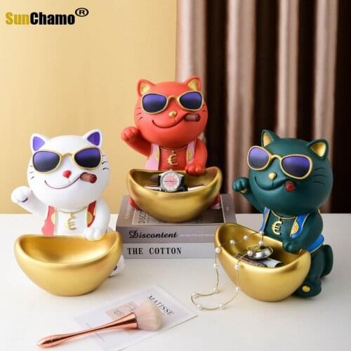 Resin Lucky Cat Figurines Moden Crafts Animals Miniature Cute Ornaments Home Office Decoration Storage Coin Bank Desk Storage