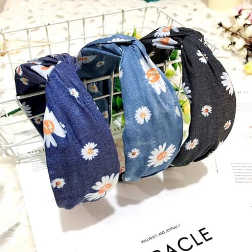 Female Bohemian Vintage Cotton Denim Fabric Knotted Daisy Headband Women Headwear Accessories For Girl Women Gifts