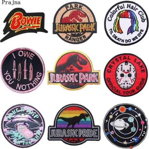 Prajna Cartoon Round Patch Iron On Patches For Clothes Embroidered Patches For Clothing Stripes Jurassic Park Patch Jacket Decor