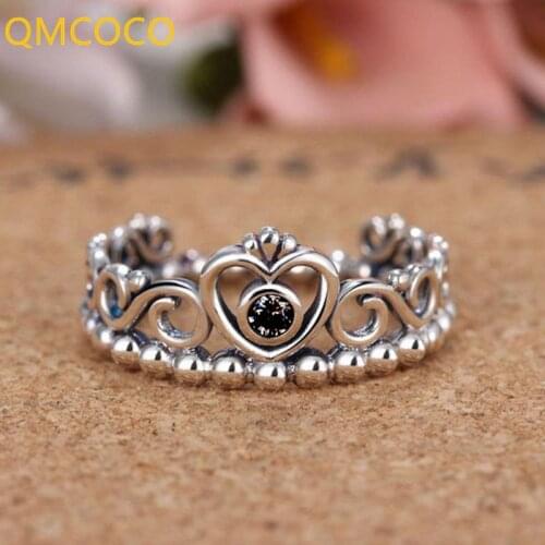 QMCOCO 925 Silver LOVE Heart-Shape Rings For Women Vintage Handmade Crown Punk Classic Woman Party Jewelry Gifts