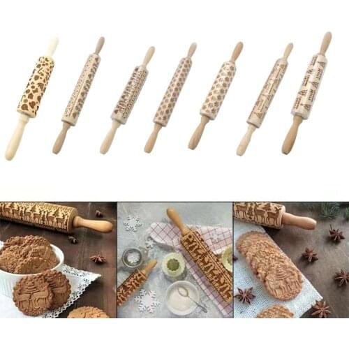 Christmas Embossing Rolling Pin Baking Cookies Noodle Biscuit Fondant Cake Dough Engraved Roller Reindeer Snowflake