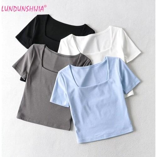 LUNDUNSHIJIA Crop Tops For Women 2021 Summer Sexy Female Pure Cotton Square Collar Short Sleeve Solid Elasticity T-Shirts