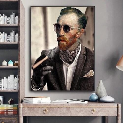 Funny Art Van Gogh with Sunglasses Smokes A Cigar Posters and Prints Canvas Paintings Wall Art Pictures for Living Room Decor