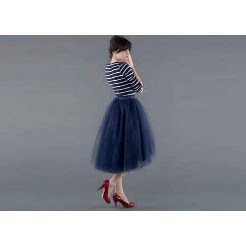 New Arrival Dark Navy Blue Tulle Skirt Ribbon Zipper Waistline Tee Length Midi Skirt Asymmetrical High Low Skirts Women