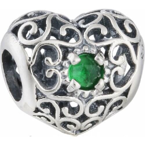 925 Sterling Silver Openwork Signature Green Crystal Heart Birthstone Charm Beads Fits Brand Bracelets Celebrate May Birthday