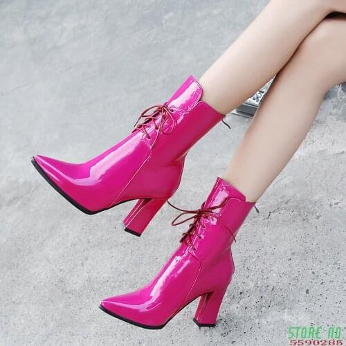 New Women Boots Leather Ankle Boots Fashion Lace Up Square High Heels Boots Autumn Winter Plus Size Shoes 2019