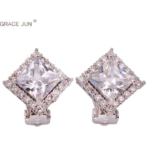 GRACE JUN High Quality AAA Cubic Zircon Geometric Square Clip on Earrings for Women Luxury Fashion Bride Wedding Ear Clip New