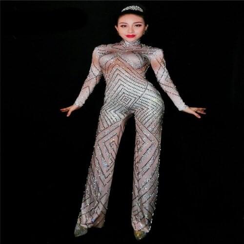 S77 Full Diamond Female Jumpsuit Bling Rhinestones flared trousers ballroom dance costumes stage wears dress women party perfor
