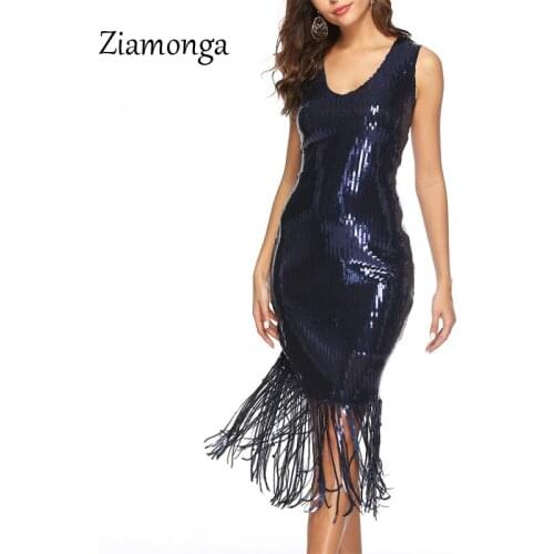 Ziamonga Sexy Luxury Bling Sequins Summer Dress Women Night Club Party Dresses Gold Tassel Bodycon Vintage Long Dress Elegant