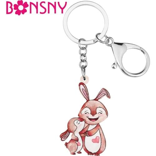 BONSNY Mothers Day Acrylic Sweet Pink Kiss Rabbit Bunny Keychains Ring Fashion Purse Key Chain Novelty Jewelry For Women