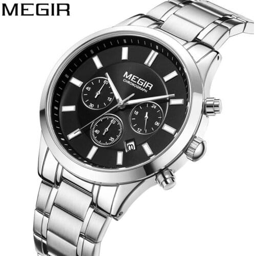 MEGIR Watch Men Waterproof Chronograph Military Male Clock Top Brand Luxury Silver Stainless Steel Man Sport Wristwatch 2150