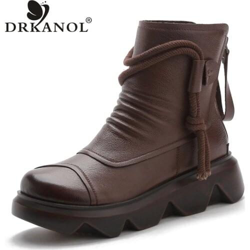 DRKANOL Handmade Ankle Boots Women Platform Boots Autumn Winter Warm Back Zipper Vintage Genuine Leather Wedges Heel Boots femme
