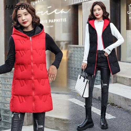 Double Sided Sleeveless Hooded Long Vest Jacket Winter 2021 New Waistcoat Female Warm Cotton Vest Women Padded Coat Outerwear