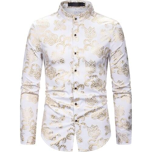 Mens Long Sleeve Mandarin Collar Dress Shirts Hipster White Floral Bronzing Print Nightclub Shirt Men Business Casual Shirts XXL