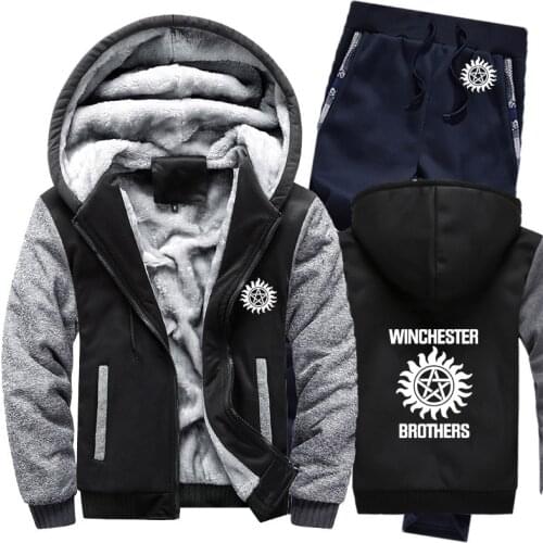 2021 Winter Fleece Thicken Tracksuit Supernatural winchester brothers Print Hoodies Men Suit Warm Sweatshirts Jacket+Pants Sets