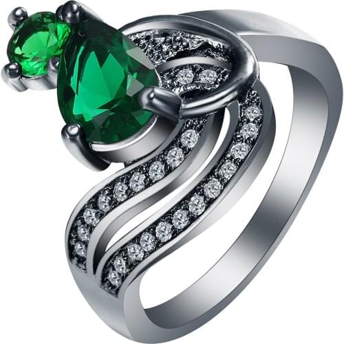 Newest black engagemnet rings Green Blue CZ Zirconia Stone Rings for women princess water drop Black Gun plated fashion jewelry